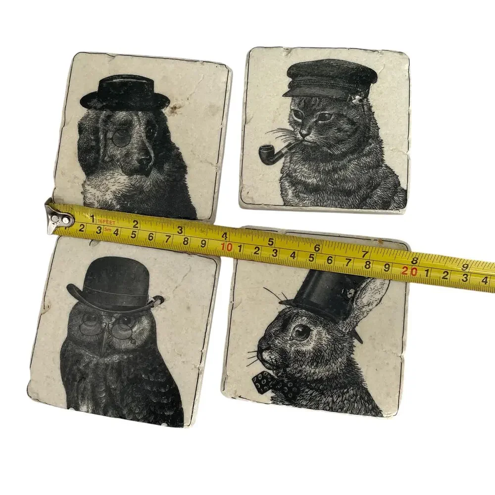 Anthropomorphic Animal Stone Tile Coasters Dog Cat Owl Rabbit Drawing Image READ
